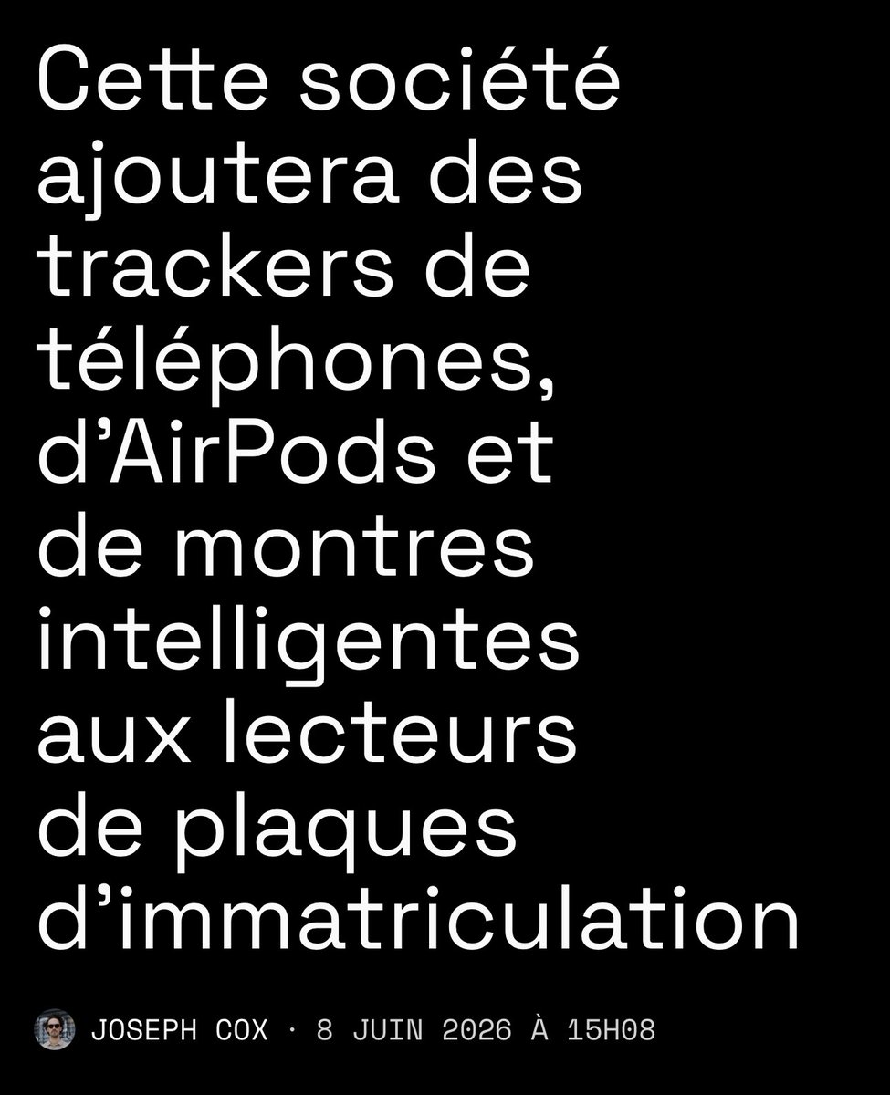 KGeerm's tweet photo. https://t.co/DoS9gb5fS8
Une entreprise de surveillance —Signal Trace prévoit d'ajouter des capteurs aux lecteurs de plaques d'immatriculation automatiques qui signifieraient que la capture de la plaque d'immatriculation des véhicules qui passent, balayeraient également les identifiants uniques des téléphones portables, des appareils portables et d'autres appareils compatibles Bluetooth dans ces voitures, permettant potentiellement aux forces de l'ordre d'identifier des conducteurs ou des passagers spécifiques...
/ 404 Media