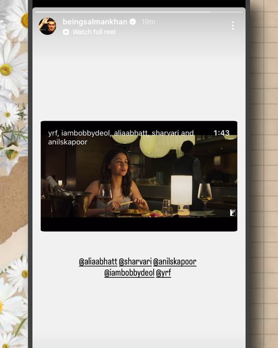 Cinema_Decoded's tweet photo. #SalmanKhan just shared the teaser of #Alpha featuring #AliaBhatt on his Instagram story. ❤️🔥

Always uplifting and supporting fellow artists. That's why he's loved not just as a superstar, but as a person too. 👑✨ https://t.co/ZPjrlRGUcY