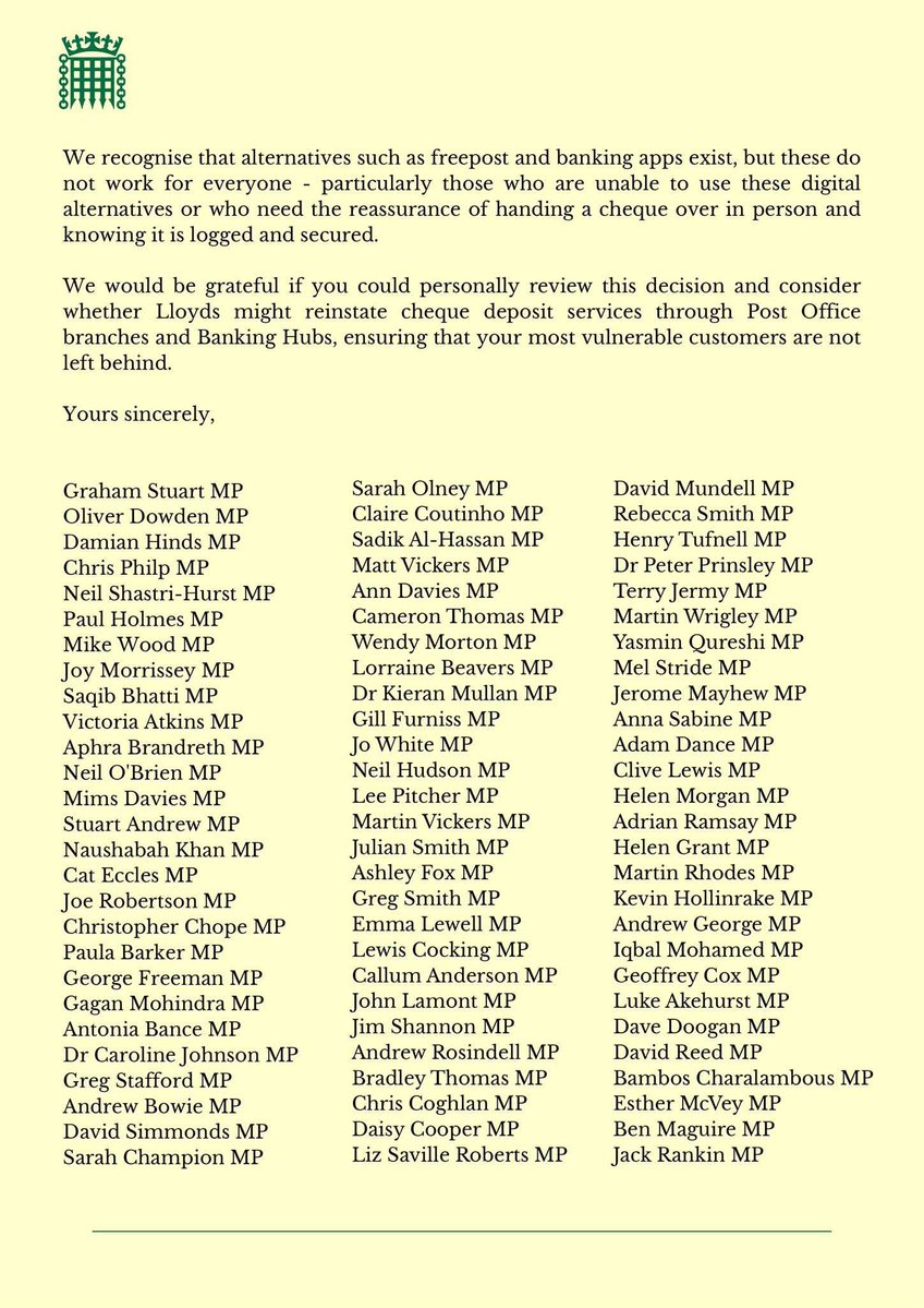 mimsdavies's tweet photo. 🏦 I’ve joined 119 of my fellow MPs calling on Lloyds Banking Group to restore cheque deposit services at #PostOffices & #BankingHubs
For many of our older & more vulnerable residents, charities, community groups & small businesses, cheques are still an important way of banking
✉️ I hope they take our letter seriously & reconsider this action