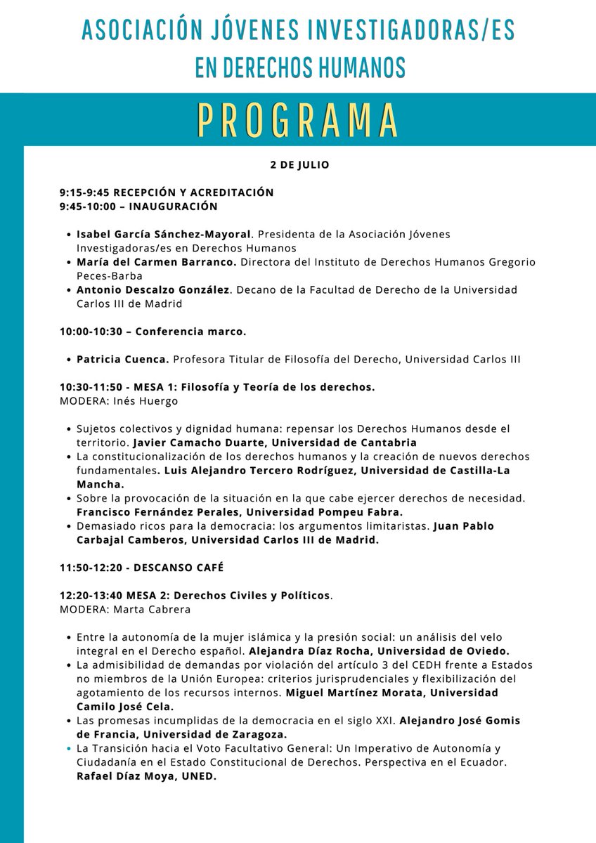 AJIDDHH's tweet photo. 📢 ¡Ya está disponible el programa del IV Congreso AJIDH! ⚖️🌍

📅 2 y 3 de julio
📍 Universidad Carlos III de Madrid

Ven a compartir con nosotros dos días de debate e investigación sobre los temas más actuales y relevantes de los derechos humanos. ¡Te esperamos! https://t.co/wg9gI4ONU5