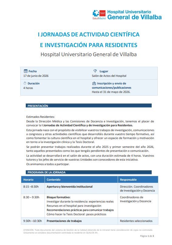 Hosp_Villalba's tweet photo. #Agenda 📆 El próximo miércoles 17 de junio a partir de las 8:15h. nuestro Salón de Actos acogerá las I Jornadas de Actividad Científica e Investigación para Médicos Residentes (#MIR) https://t.co/mzEbMZ8ZWE