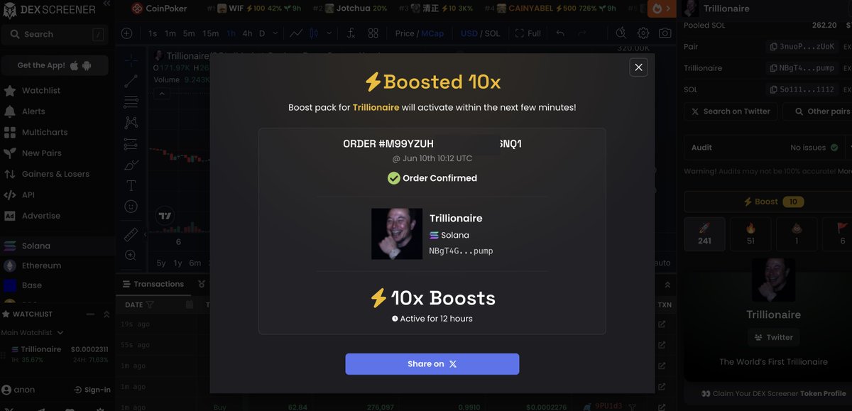 memecmafia's tweet photo. After hitting new 200k+ ATH (after watching all competitors pump, dump, and not recover) 

I decided to get a boost!

Idk how active our great dev will be from here with this project, but it doesn't matter. This IP is unavoidable. 

But if we work together and add more boosts + give 🚀🔥 on dex, + hold, etc. then it'll help! 

Most importantly..  I learned what matters is:  
- NAME IP "Trillionaire" is what I orig searched so I'm assuming many of you too (trill, trilly, trillion, etc. wont last) 
- Therefore smart money is invested and there is stable hands in here. This is a healthy chart 
- It's a once in a lifetime accomplishment. Mainstream + social media is gonna be all over it more than you think and people will fomo. Some "trillionaire coin" is gonna be the winner.. this just feels least tainted 
- I know socials aren't high here but that can change fast was the above listed foundation so HOLD strong and even keep DCA'ing in since it can EASILY hit 2M+ and therefore 10x you still from here

Let's get this🚀🚀🚀