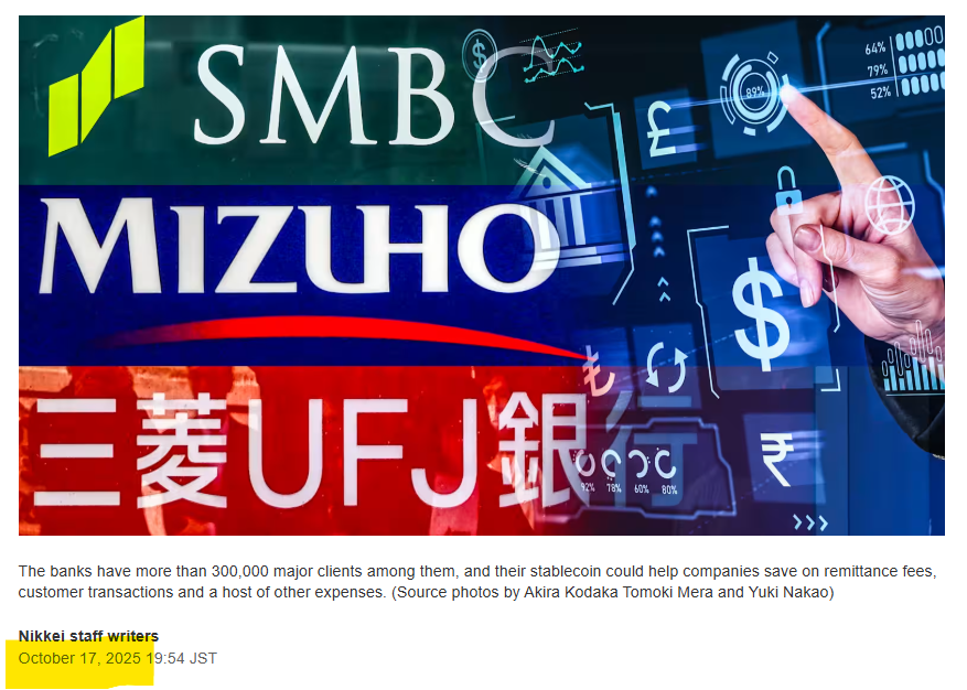 sentosumosaba's tweet photo. Just In🤦
Why is OLD news NEW news? 🇯🇵Japan's three largest banks to issue a JOINT STABLECOIN with rollout date already announced in OCT 2025 by Nikkei Asia, Btw, @progmat_en, the infrastructure builder shifted from Corda to Avalanche, with plans for the Ethereum-family, Cosmos & Polygon.
Supporting links: 
https://t.co/vwQUcfNmkt

https://t.co/0QbQ1FOG0u