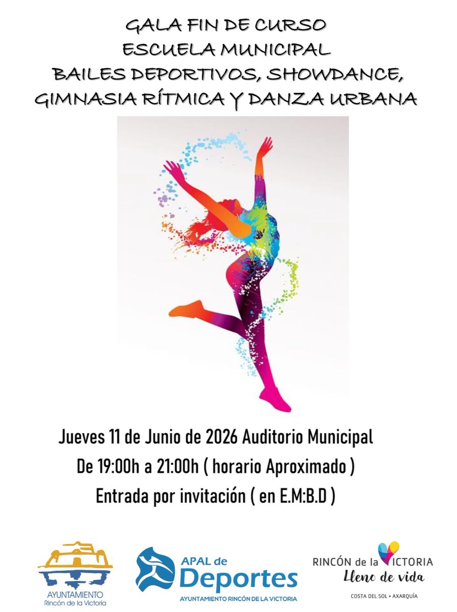 deportesrinconv's tweet photo. 👯🏻 La Escuela Municipal de Bailes Deportivos, Showdance, Gimnasia Rítmica y Danza urbana celebra este jueves 11 de junio, en el Auditorio Municipal, su gala de fin del curso 2025/26.

⌚ Horario aproximado: de 19:00 a 21:00 horas.

#RincónEsDeporte https://t.co/cKWOkexP3y