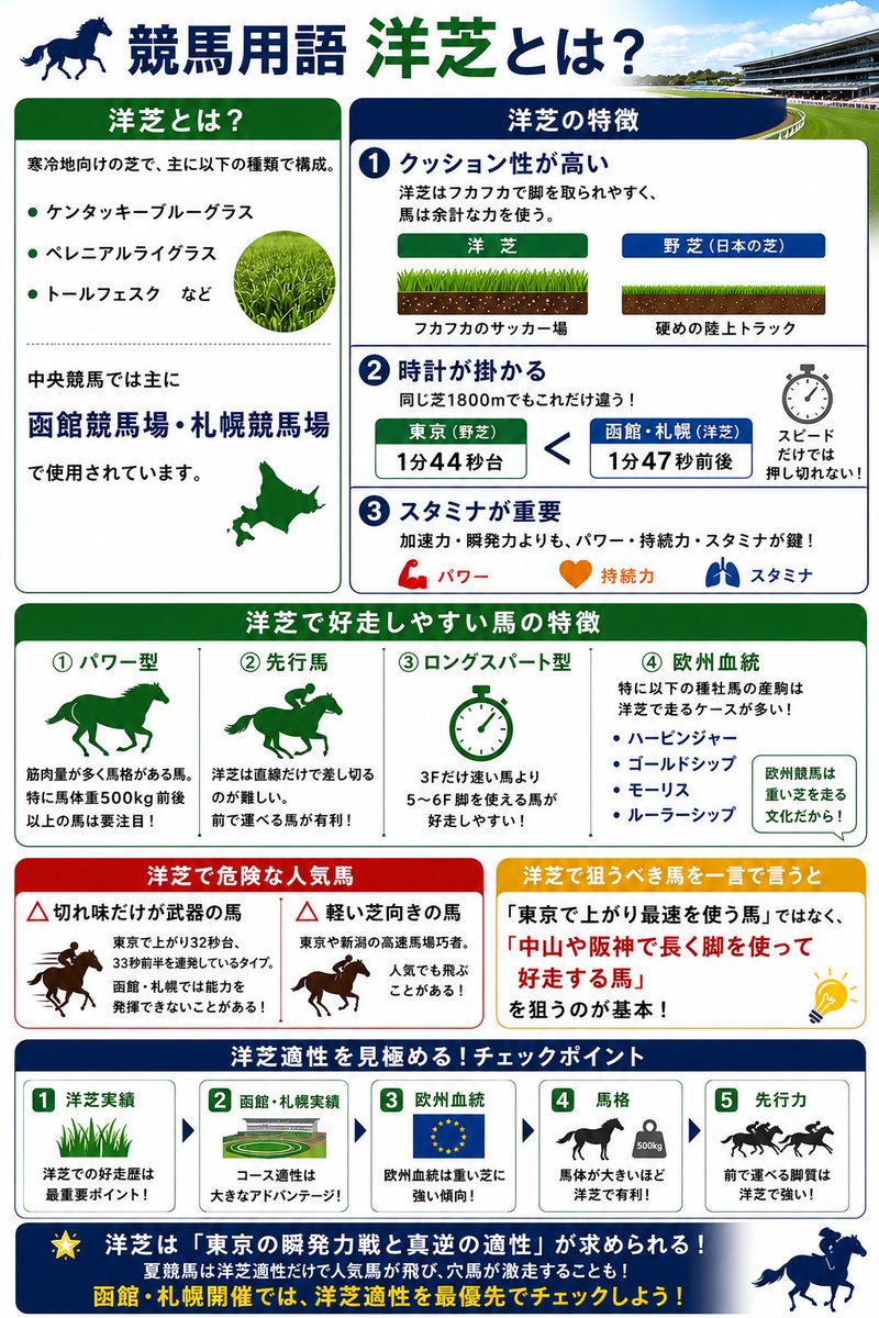 ryuuuuzbxw's tweet photo. 函館競馬開幕週👏
開幕前に絶対知っておきたい🔥🔥

函館競馬場芝コース解説と
狙いたい馬のタイプ🐎
洋芝とはそもそも
野芝と何が違うのか🤔を
まとめて画像にしました‼️

函館競馬で狙いたい馬🔽

🥇函館、札幌競馬場実績馬
🥈洋芝適正◯洋芝巧者
🥉先行力があり好位で競馬が出来る馬
⭐️中山、阪神などで好走してる馬

逆に危険な馬🔽

🥇東京巧者
🥈上がりだけが最速で瞬発力勝負の馬
🥉大外をぶん回す事が多い不器用な馬

ポイント🔽
✅洋芝適正が最重要
✅先行力、好位で競馬が出来るか
✅内枠が有利
✅パワーがある馬を狙え

適正が比較的高い血統🔽
✅ハービンジャー
✅ゴールドシップ
✅モーリス
✅ルーラーシップ

大事な事なので2回言います。
函館、札幌競馬は洋芝適正が最重要。
函館、札幌競馬は洋芝適正が最重要。

いままでこっぴどく負けてきたので
同じ思いはしてほしくない😂

是非参考になればと思います☺️

#競馬予想
#コース解説
#函館競馬
#洋芝適正