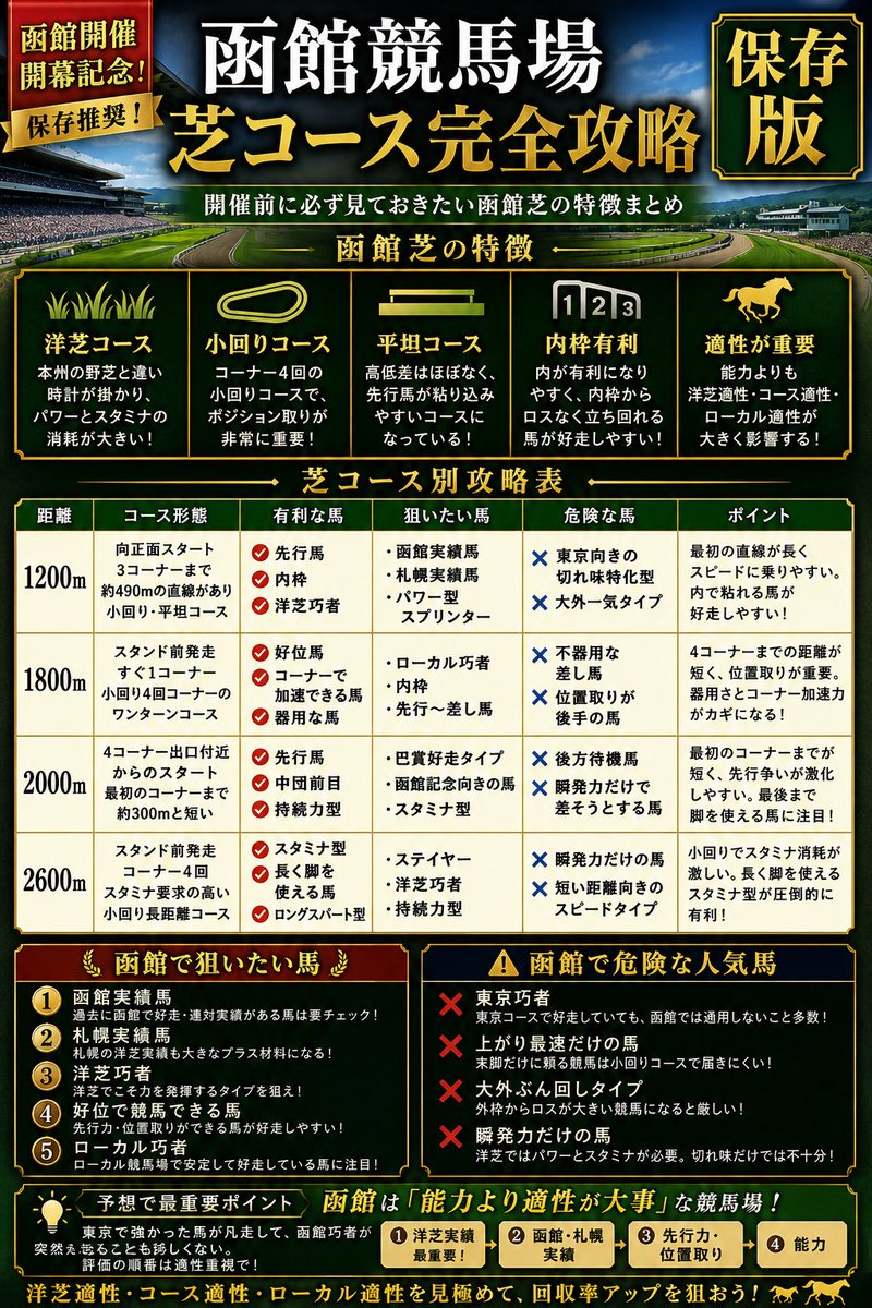 ryuuuuzbxw's tweet photo. 函館競馬開幕週👏
開幕前に絶対知っておきたい🔥🔥

函館競馬場芝コース解説と
狙いたい馬のタイプ🐎
洋芝とはそもそも
野芝と何が違うのか🤔を
まとめて画像にしました‼️

函館競馬で狙いたい馬🔽

🥇函館、札幌競馬場実績馬
🥈洋芝適正◯洋芝巧者
🥉先行力があり好位で競馬が出来る馬
⭐️中山、阪神などで好走してる馬

逆に危険な馬🔽

🥇東京巧者
🥈上がりだけが最速で瞬発力勝負の馬
🥉大外をぶん回す事が多い不器用な馬

ポイント🔽
✅洋芝適正が最重要
✅先行力、好位で競馬が出来るか
✅内枠が有利
✅パワーがある馬を狙え

適正が比較的高い血統🔽
✅ハービンジャー
✅ゴールドシップ
✅モーリス
✅ルーラーシップ

大事な事なので2回言います。
函館、札幌競馬は洋芝適正が最重要。
函館、札幌競馬は洋芝適正が最重要。

いままでこっぴどく負けてきたので
同じ思いはしてほしくない😂

是非参考になればと思います☺️

#競馬予想
#コース解説
#函館競馬
#洋芝適正