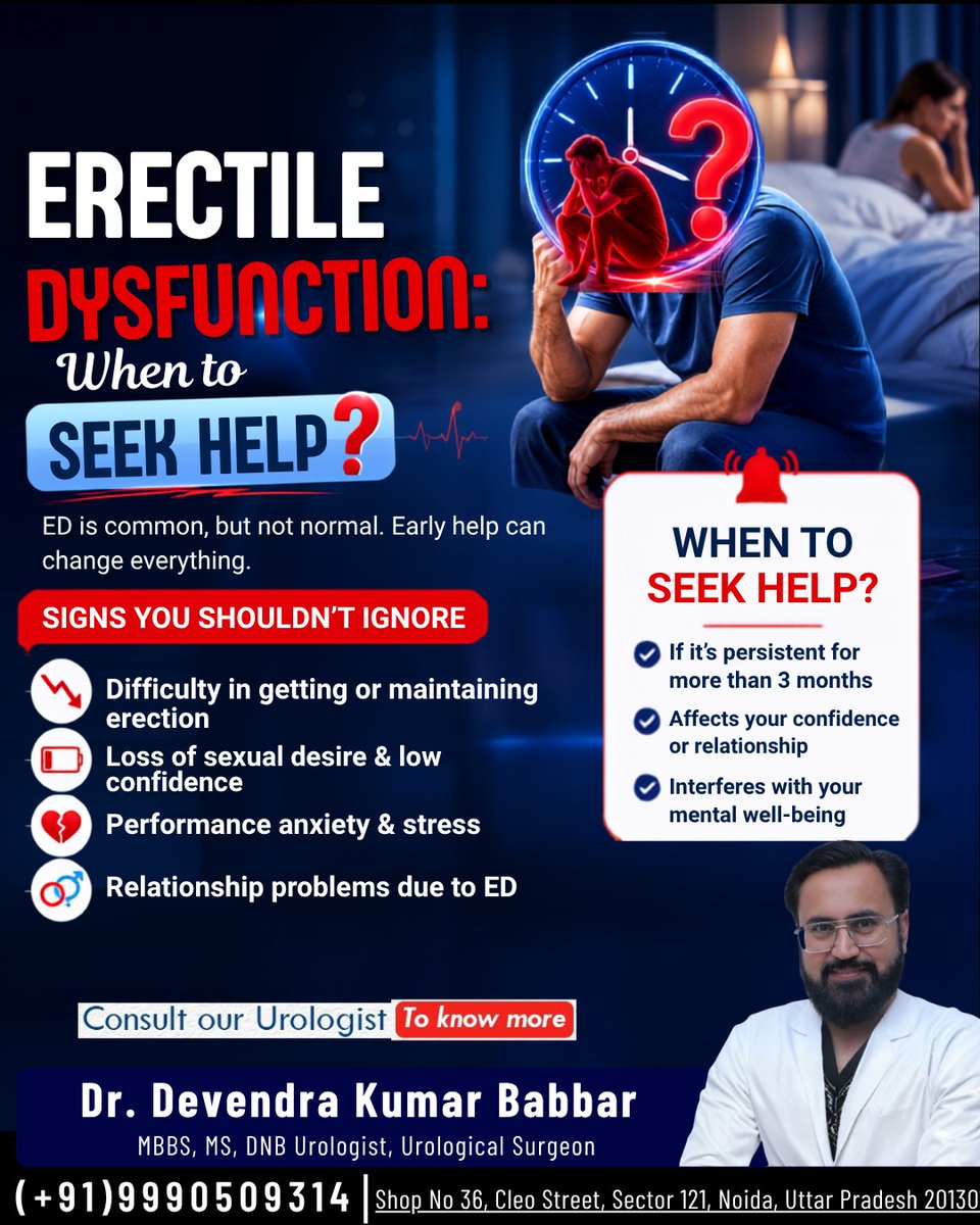 LaserStones's tweet photo. ERECTILE DYSFUNCTION: WHEN TO SEEK HELP?

Dr. Devendra Kumar Babbar

Best Urologist in Noida
📞 Book your consultation today: +91 9990509314 | +91 9843022153
🌐 https://t.co/9d42qC4wiT

#MaleInfertility #MenHealth #ReproductiveHealth #UrologyCare #KrishnaClinic https://t.co/fF22FeWqZE