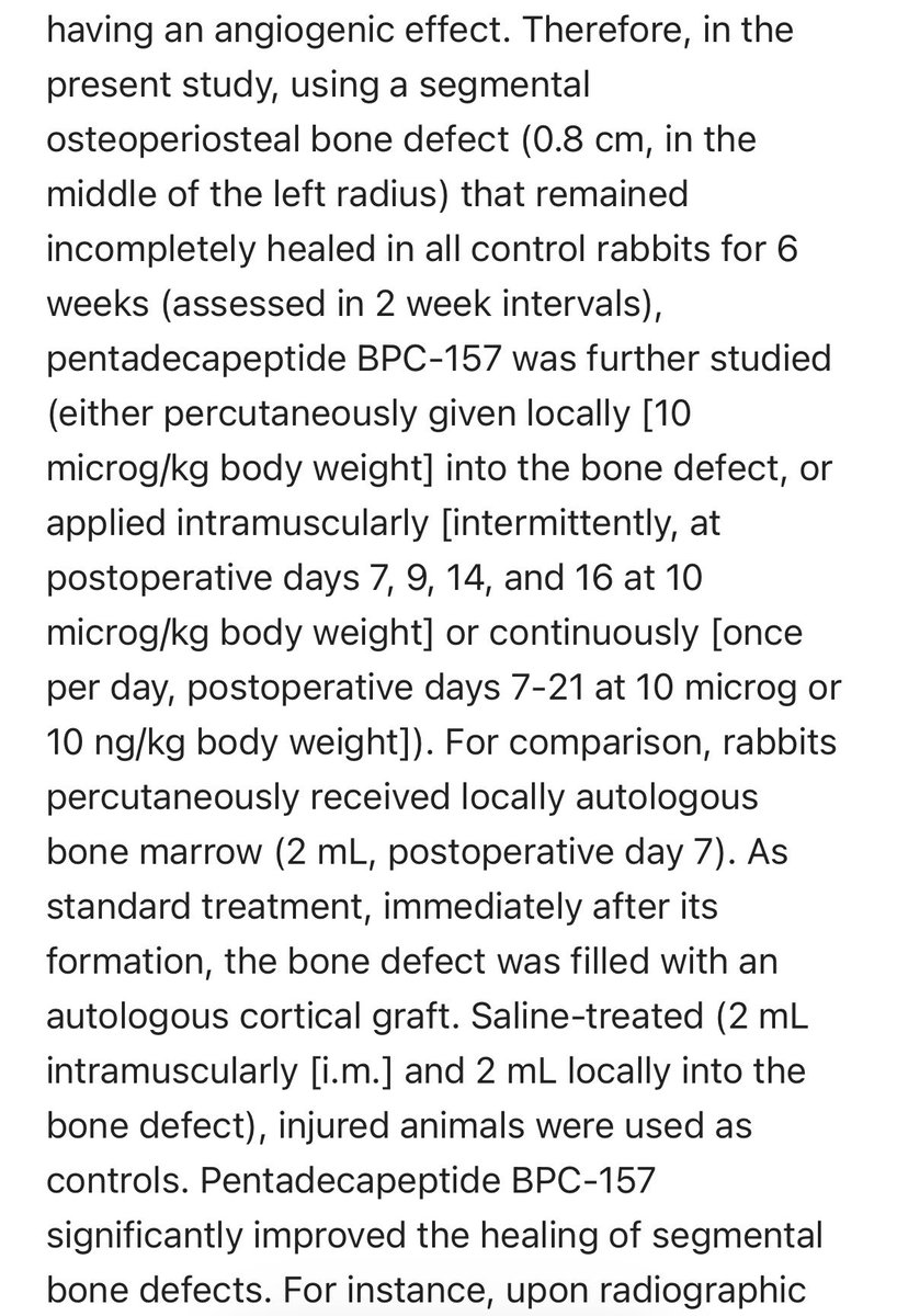 HealthyAlfred's tweet photo. Scientists CUT a piece of bone out of a rabbit’s leg.

0.8 cm. GONE. Removed from the middle of the radius.

The control rabbits? None of them healed. After 6 weeks — the bone gap was still there. Open. Unhealed.

The rabbits given BPC-157?

The gap vanished. The bone was 100% solid again. 6 WEEKS…

After just 2 weeks — the callus formation in BPC-157 rabbits was TWICE as large as controls.

And here’s the part that shocked the researchers:

The results were comparable to BONE MARROW GRAFTS — the gold standard in orthopedic surgery. A peptide performed as well as surgical bone grafting.

(PMID: 10071911)

A piece of bone — removed. A gap that never healed in controls. Closed completely by a peptide your stomach already makes.

Your doctor says “bones take time.” Your surgeon says “we’ll need to graft.” The study says a 15-amino-acid peptide MATCHED the graft.

I take it daily. Bone repair is just the beginning. EVIDENCE BELOW ↓