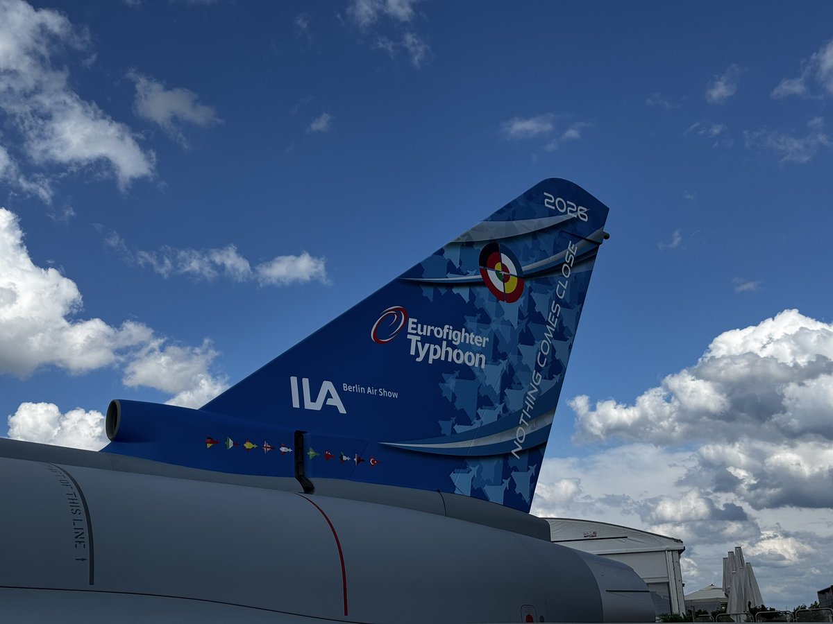 eurofighter's tweet photo. @ILA_Berlin 2026 has begun! 🇩🇪. We are busy welcoming and engaging with many international delegations and industry partners today, strengthening relationships and continuing to highlight the importance of the Eurofighter Typhoon. 

Visit us:
📍 Chalets West 14-15
📍 Full scale replica - ILA Plaza C3

#Eurofighter #NothingComesClose