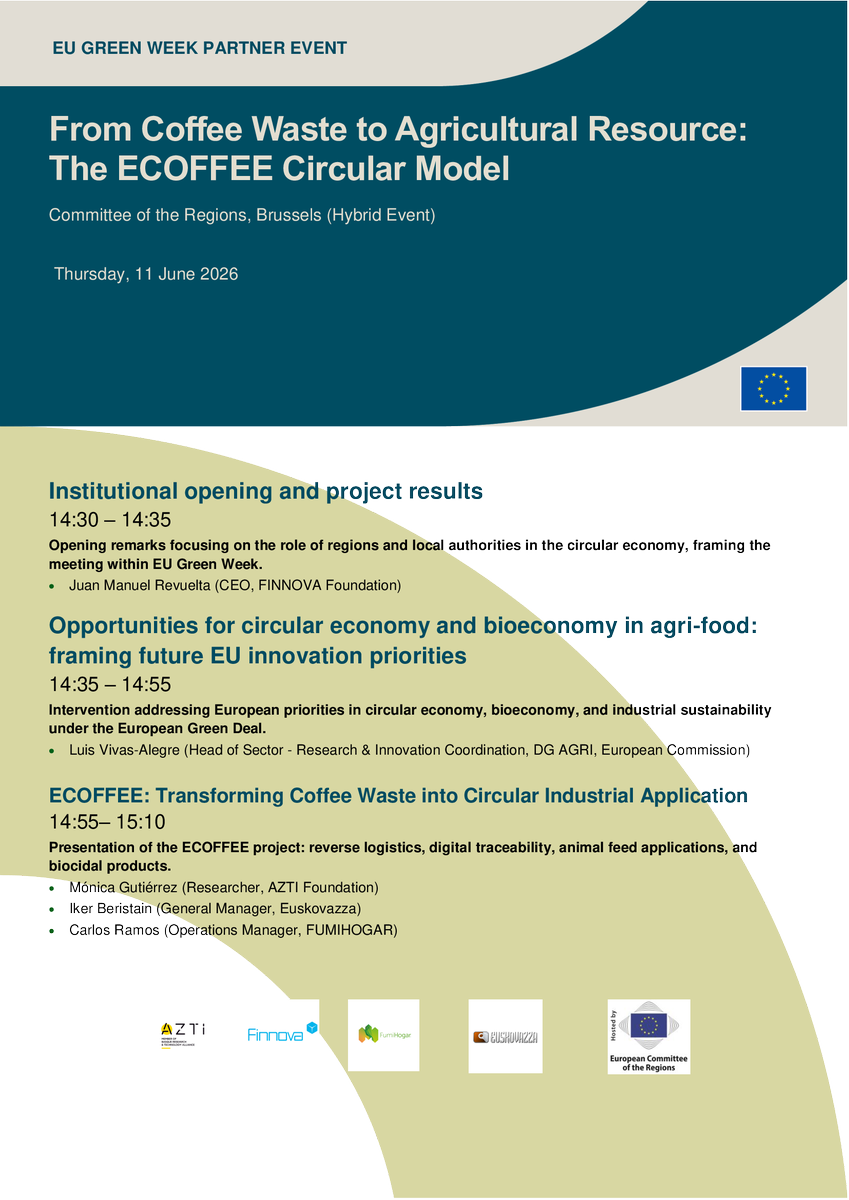 ECOFFEE_EU's tweet photo. 🚨 FINAL COUNTDOWN! Join us this Thursday, June 11, at the @EU_CoR (Brussels & online) for the official #EUGreenWeek #ECOFFEE event: "From Coffee Waste to Agricultural Resource". Discover the game-changing programme for the primary sector. 👇 https://t.co/nwmtknvvc6