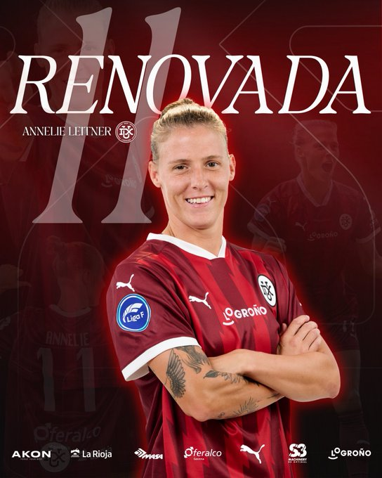 LRF_BR's tweet photo. 𝗢𝗙𝗜𝗖𝗜𝗔𝗟 | O DUX Logroño anunciou as renovações de contrato de Margarita Giménez e Annelie Leitner para a próxima temporada.

🇦🇷 Margarita chegou ao clube em janeiro e, desde então, disputou 10 partidas.

🇦🇹 Annelie  fará sua segunda temporada pelo DUX Logroño. A defensora foi decisiva na reta final da última campanha, contribuindo com 3 gols.