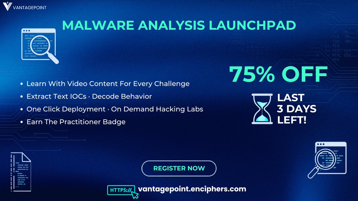 vantag3point's tweet photo. With malware on the rise, reverse engineering is a high-demand career. 📈
3 days left to grab 75% OFF our hands-on Malware Analysis Labs.
🎯 Claim at discounted prices here: https://t.co/PxR6qutpg7
#MalwareAnalysis #ReverseEngineering #Cybersecurity #InfoSec #VantagePoint https://t.co/1xDvF20CPa