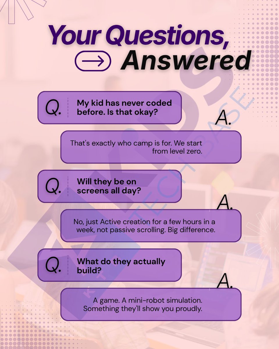 KidsTechBase's tweet photo. Dear parents, we heard you.

You've been asking questions about our 2026 Summer Camp, and we've got answers.

So tell us, what's YOUR biggest question? Drop it in the comments or DM us. We're listening. 👇 https://t.co/LS0Bx6vsj5