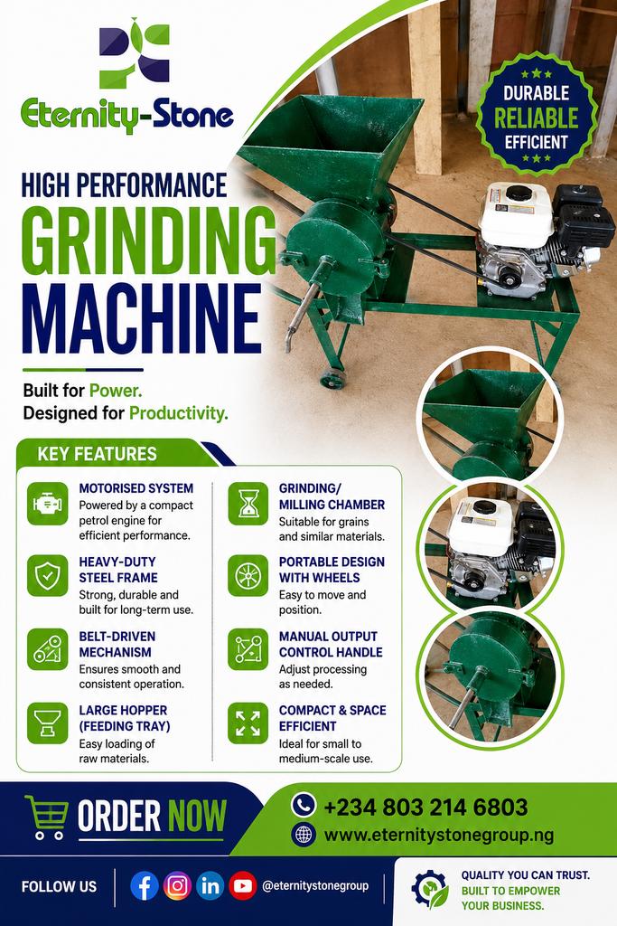 eternitystone50's tweet photo. Boost your productivity with our durable grinding machine 💪

✔ Motor-powered
✔ Portable
✔ Built to last

📞 +234 803 214 6803
🌐 https://t.co/mqJCMIhBAY

#AgroTech #NigeriaBusiness #FarmingTools https://t.co/C7U1jwfQwm