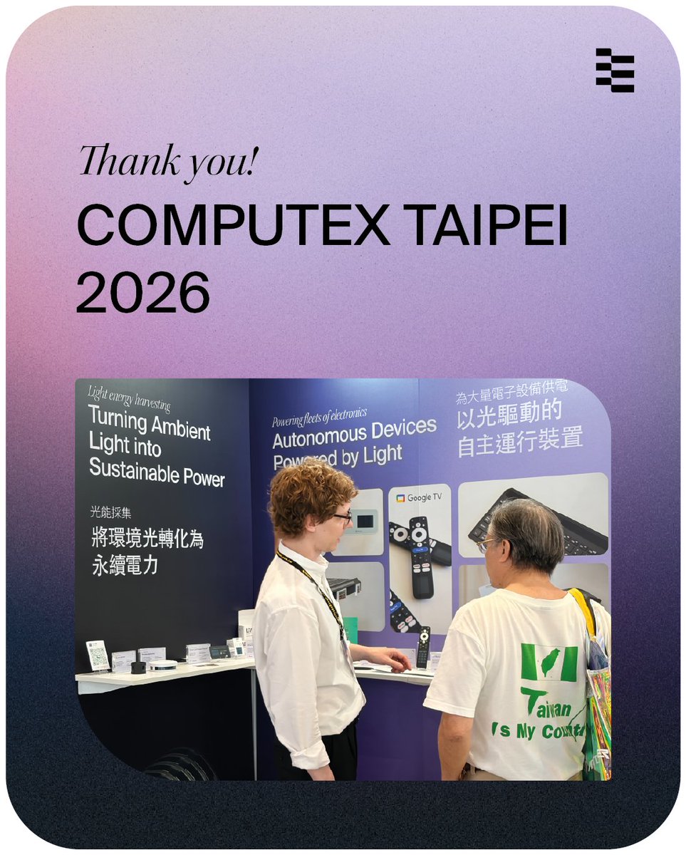 epishine's tweet photo. COMPUTEX Taipei has come to an end – until next time!

A big thank you to everyone who visited our booth and shared their thoughts, questions, and perspectives on Light Energy Harvesting. We’re excited to keep the dialogue going. 💡 https://t.co/1u7cujG4fP