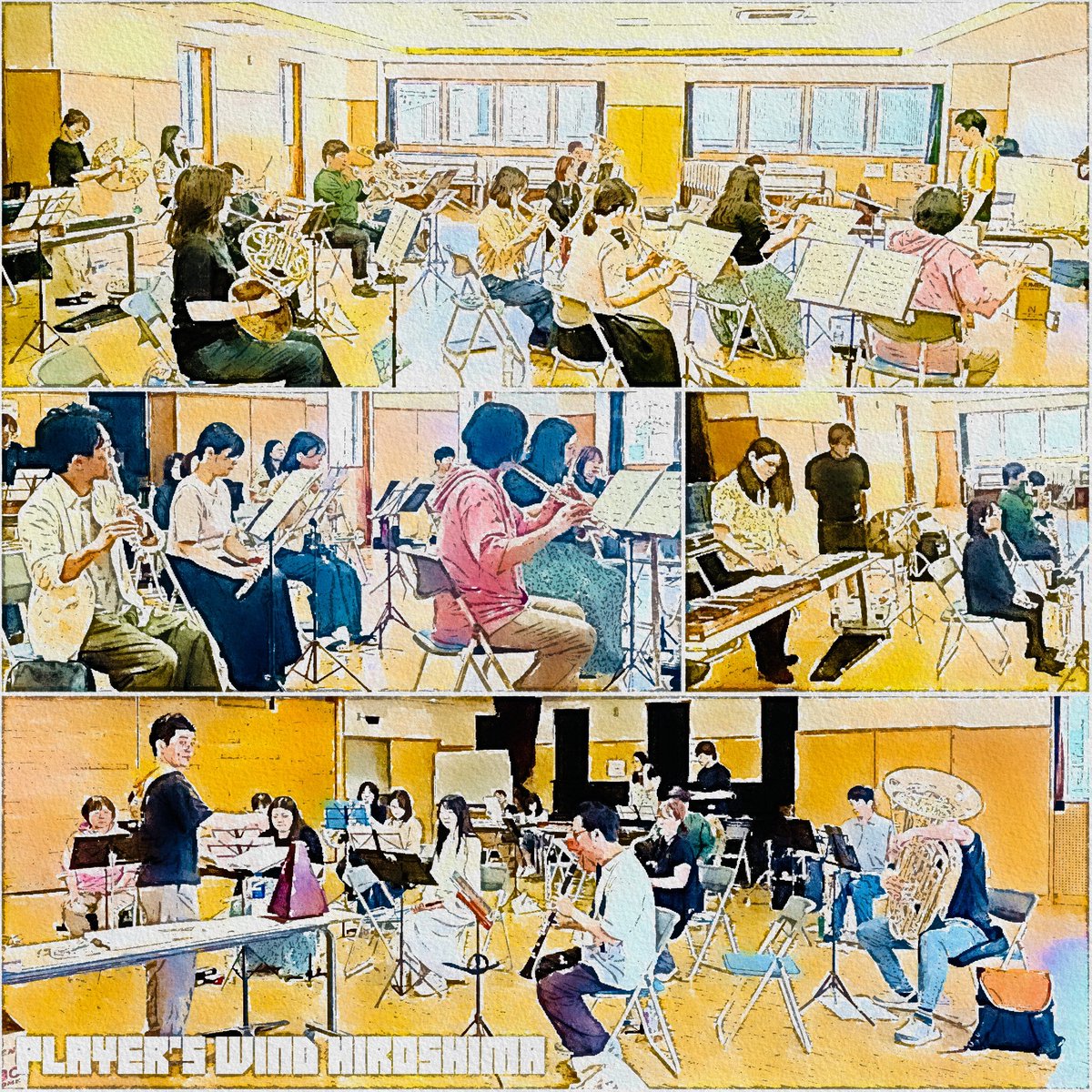 playersWindH's tweet photo. こんばんは！
プレイヤーズウインド広島です🎺

今回はフルートパートに
見学者さんをお迎えして練習！
ありがたい事にフルートパートが
かなり厚くなってきています✨

他のパートも団員募集中なので 
ご興味のある方は是非お気軽に
お問い合わせくださいね！🙌🙌
 
―

基礎合奏にもゲーム音楽を使っているPWH♪短い音もしっかりハーモニーを伝えられるように基礎合奏から意識して練習しました！

ゲーム音楽ならではの疾走感やワクワク感を感じてもらえる演奏を目指して、今後のステージに向けて練習していきたいです🎷

今週末は合同練習も！
PWHで初めての合同練習会になるので
どんな時間になるのか楽しみですね☺️

#ゲーム音楽 #吹奏楽団 #団員募集中 
#プレイヤーズウインド広島