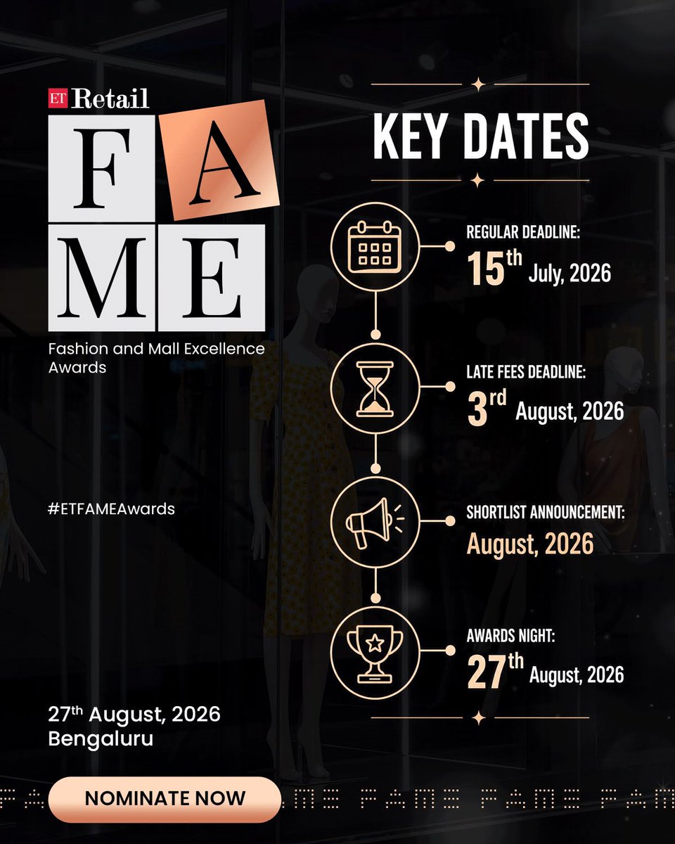 ETRetail's tweet photo. The countdown to the ETRetail FAME Awards 2026 has officially begun. Mark your calendars, prepare your entries, and put your achievements in the spotlight as we celebrate excellence in fashion and mall retail.

Nominate now: https://t.co/JS78aiJJRn

#ETRetail #ETFAMEAwards https://t.co/6h8VPsCtp9