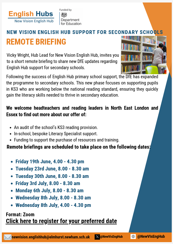 NewVisEngHub's tweet photo. New Vision English Hub is partnering with secondary schools to provide targeted, evidence-based support that helps pupils develop the reading skills needed to thrive across the curriculum. Join a remote briefing for more info:
Sign up:  https://t.co/c7EXiojlv2 https://t.co/QiTkoN4OXn