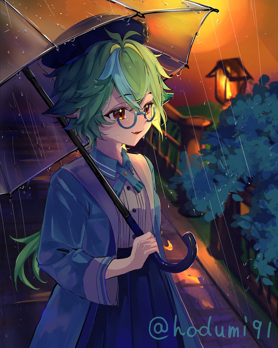 hodumi91's tweet photo. "Shizuku no Geikō" (The scent of rain carried by falling droplets)
Sucrose on her way home, enjoying the scent of rain in the evening glow. ☔✨
I hope this turned out close to what those who voted for option #2 imagined!
#Sucrose https://t.co/bXAPhP5qNJ