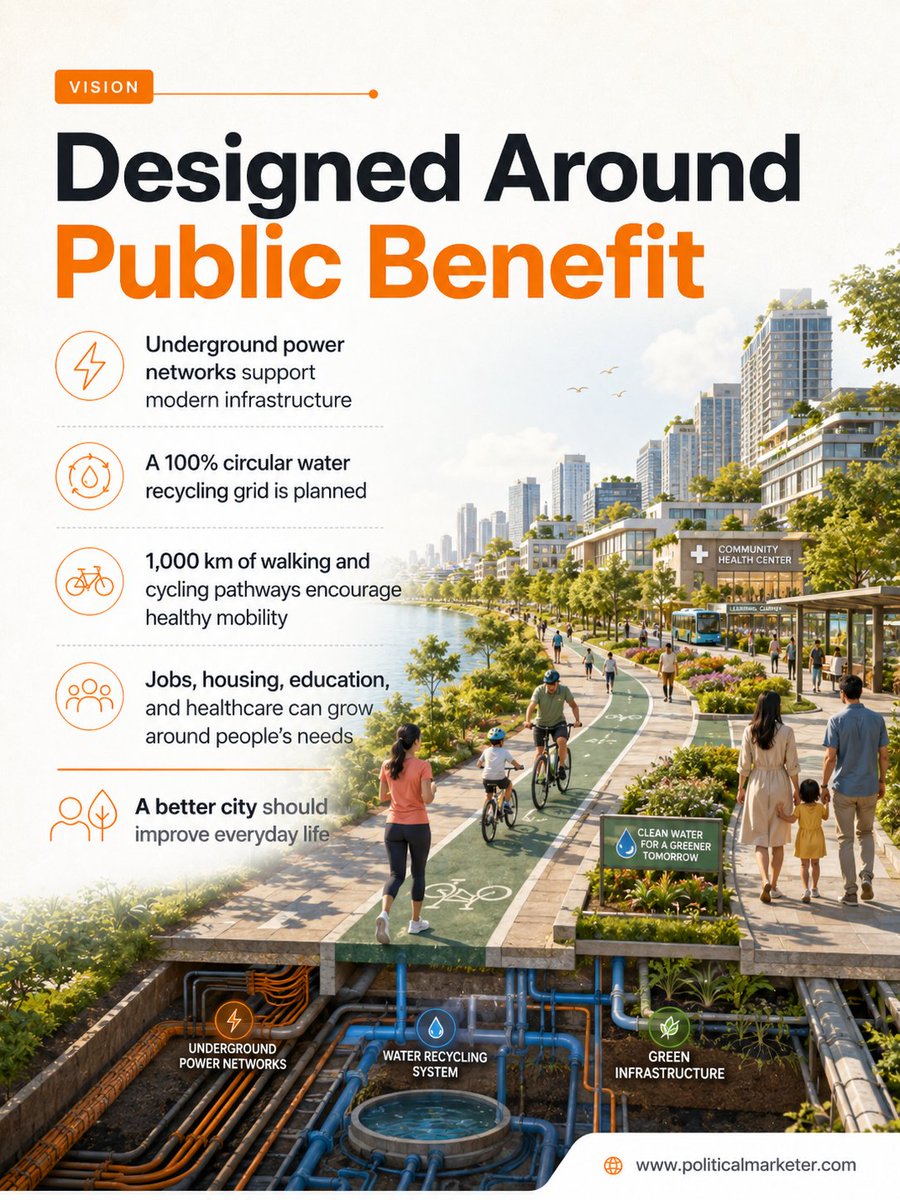 PoliMarketer's tweet photo. Bharat Future City is designed around public benefit.
• Underground power networks
• 100% circular water recycling grid planned
• 1,000 km walking and cycling pathways
#BharatFutureCity #PublicBenefit #GreenInfrastructure #UrbanPlanning #Hyderabad https://t.co/fNU67gp65d