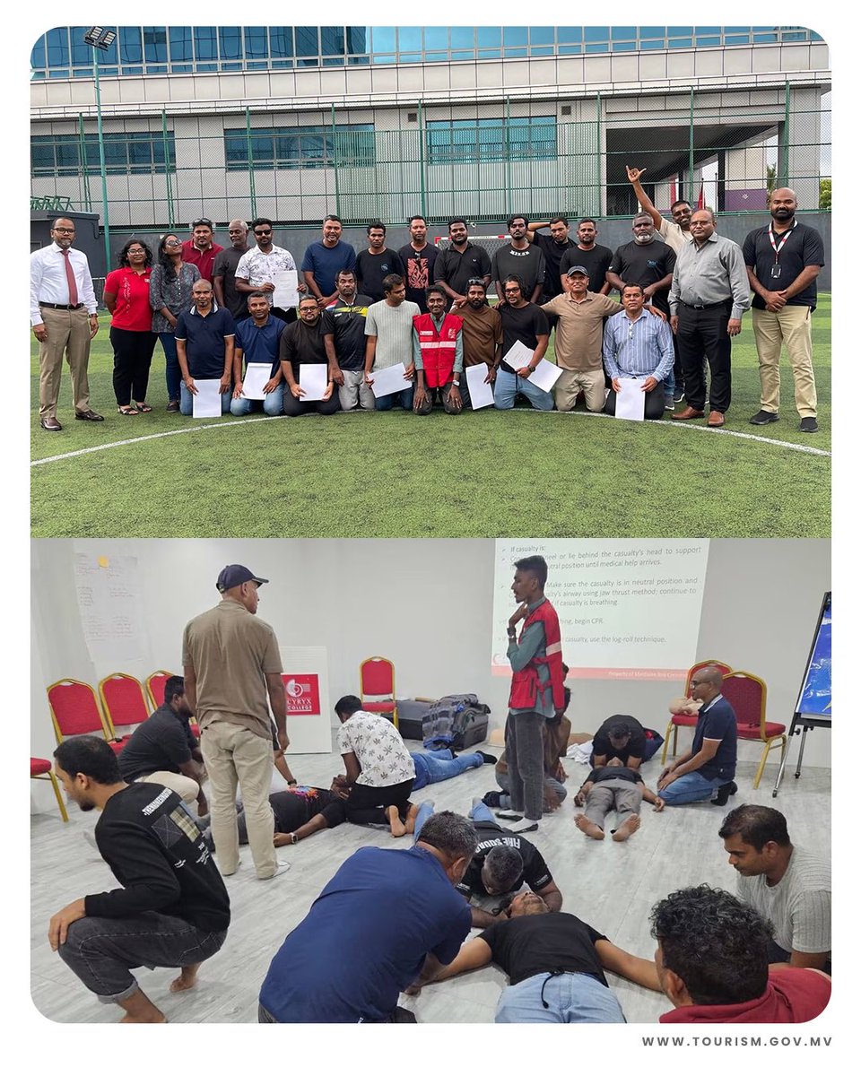 MoTmv's tweet photo. The closing ceremony and certificate handover for the 5th batch of the Standard First Aid Training Program was held on 6th June 2026 at the BG Futsal Ground, Male'. A total of 21 participants from different resorts within the K, AA and LH atoll completed the training. https://t.co/f7W8YBpuIF