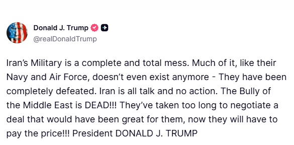 FoxNews's tweet photo. BREAKING: Iran has 'taken too long to negotiate a deal,' 'will have to pay the price,' Trump writes on Truth Social https://t.co/uP6pBuqDcm