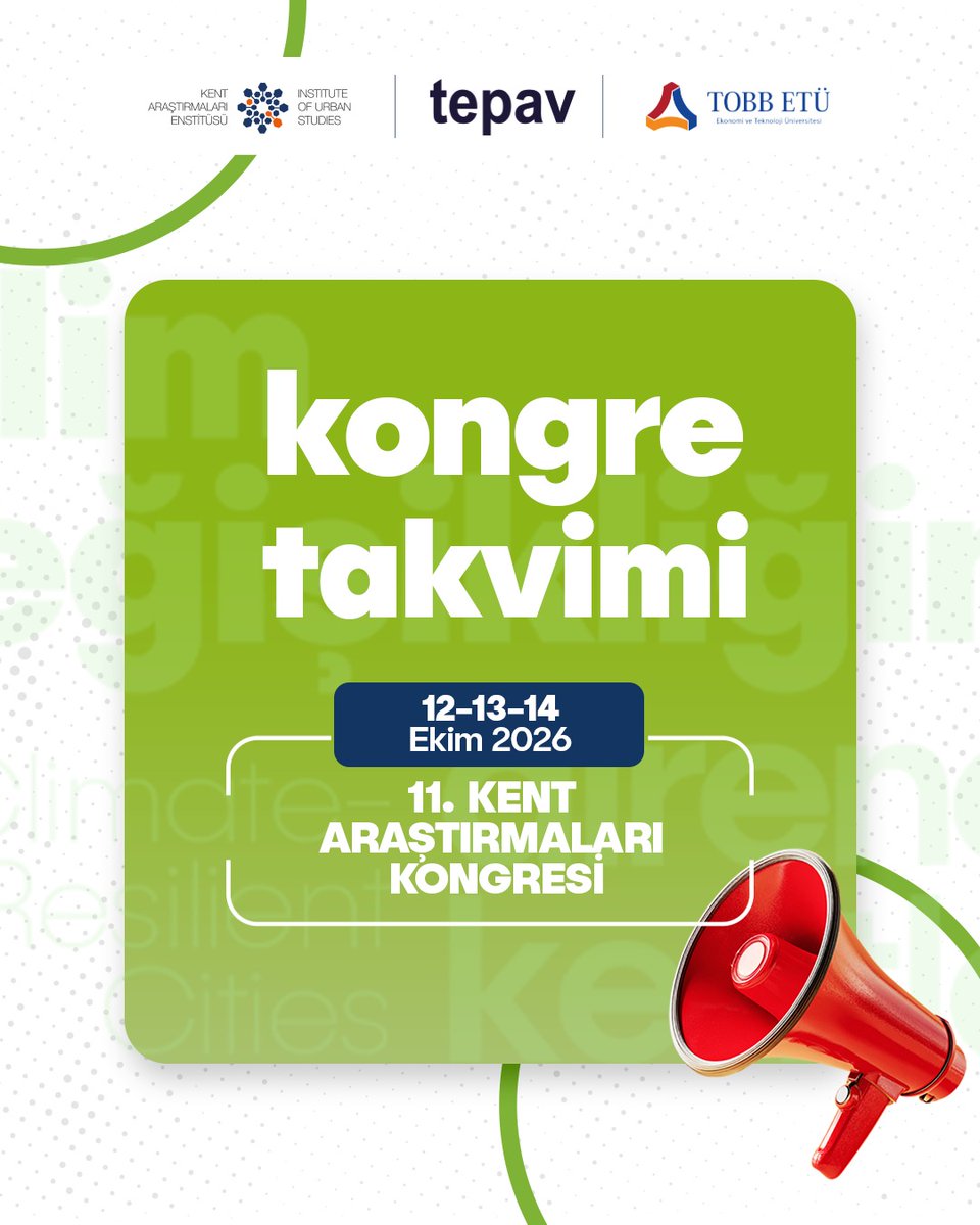 KAEnstitu's tweet photo. 11. Kent Araştırmaları Kongresi Takvimini Kaydetmeyi Unutmayın! 🗓️🌍
Ana teması “İklim Değişikliğine Dirençli Kentler” olan kongremiz için önemli tarihleri kaçırmayın! Hibrit formatta gerçekleşecek bu büyük buluşmada yerinizi almak için takvimi inceleyin ve başvurunuzu yapın. 👇

Tarihleri görmek için kaydırın! ➡️
📍 12-13-14 Ekim 2026 | TEPAV, Ankara & Çevrimiçi (Hibrit)
İklim krizine karşı dirençli kentleri birlikte inşa etmek ve bildiri başvurunuzu gerçekleştirmek için linke tıklayın! 🔗Detaylı Bilgi & Başvuru: https://t.co/14pdOWwesF

#COP31 #ICUS2026 #KentAraştırmalarıKongresi #ResilientCities #İklimDeğişikliği