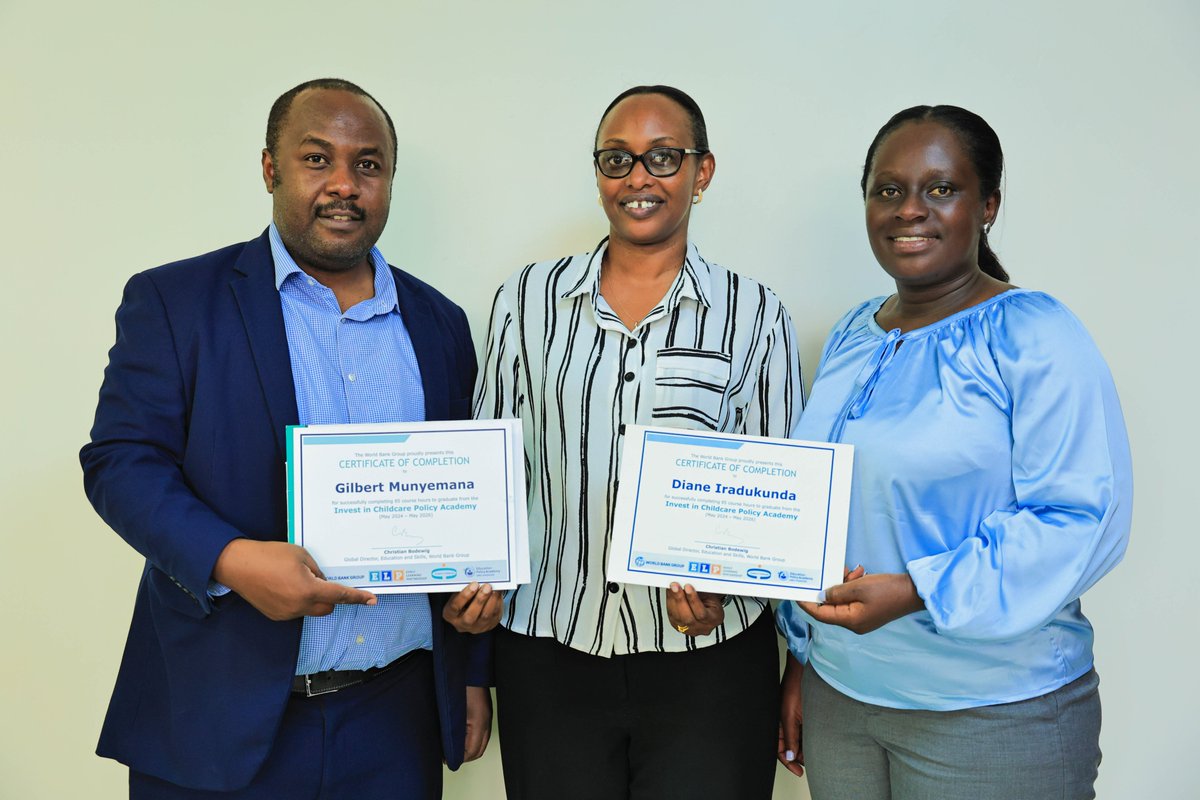 Rwanda_Child's tweet photo. Congratulations to our DDG @gmunyemana and HoD @DianeIradu7753, on successfully completing the two-year Invest in Childcare Policy Academy training in partnership with the World Bank Group. The acquired skills will help drive efforts to strengthen and expand quality ECD services. https://t.co/QsteNd8GVq