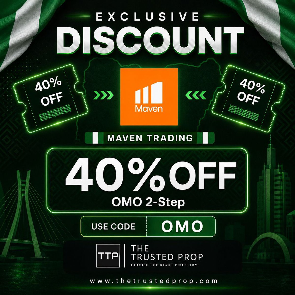 TTPNIGERIA's tweet photo. 🚨 EXCLUSIVE MAVEN TRADING DISCOUNT 🚨

Get 40% OFF the Maven Trading OMO 2-Step Challenge 💚

🎟️ Use Code: OMO

Start your funded trading journey today with https://t.co/ieJ3DVa76r📈 https://t.co/8HGHsh5iFE