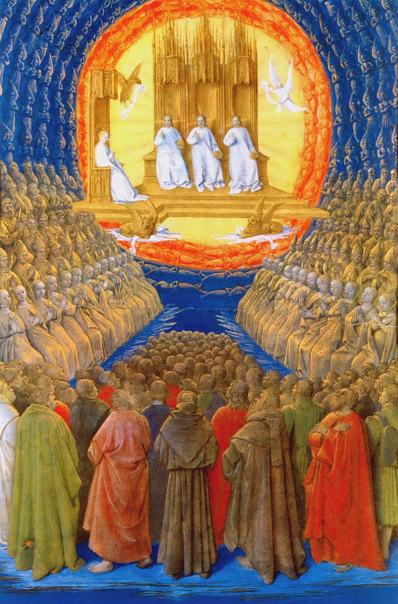 solas_na_greine's tweet photo. Jean Fouquet, The Trinity and All Saints from the Holy Hours of Étienne Chevalier, ca 1470 https://t.co/gxFmzm4lJI