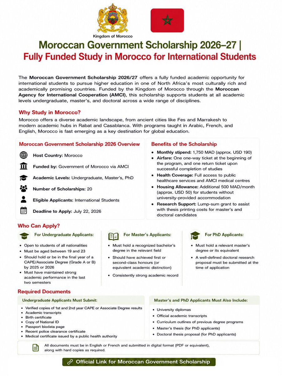 ScholarshipfPhd's tweet photo. Moroccan Government Scholarship 2026–27 | Fully Funded Study in Morocco for International Students

Visit: https://t.co/BCyoa1OIT3

Degree: Undergraduate, Master &amp; PhD

Deadline:  July 22, 2026 https://t.co/kWdVZhhPYh