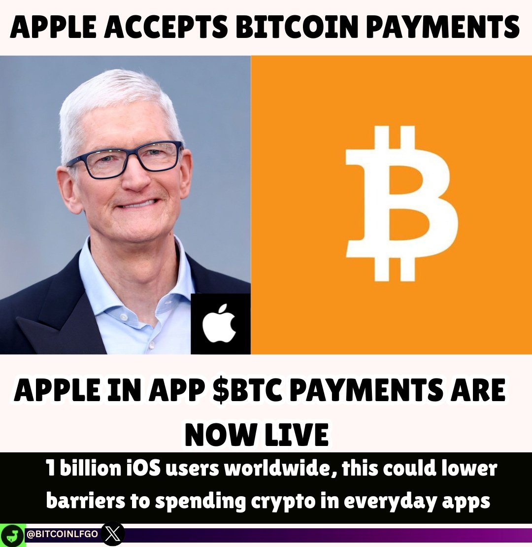 bitcoinlfgo's tweet photo. 💥BIGGG

APPLE NOW ACCEPTS #BITCOIN

IN-APP $BTC PAYMENTS ARE NOW LIVE 🔥🔥🔥 https://t.co/NGt6p4z9zl