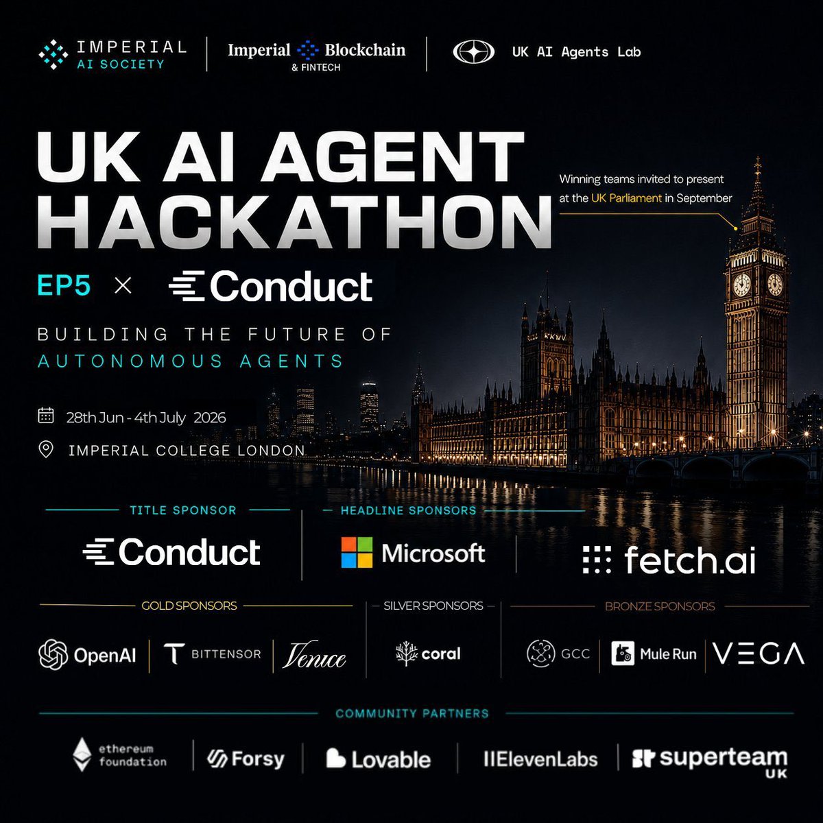 ASI_LatAm's tweet photo. Nos vamos a 🇬🇧! @fetch_ai_IL presenta: UK AI Agent Hackathon en Imperial College London. Una semana para reunir a algunos de los builders más talentosos del Reino Unido y explorar la próxima frontera de los agentes autónomos impulsados por la tecnología agentic de @Fetch_ai para @ASI_Alliance. 

🏆 Los equipos ganadores serán invitados a presentar sus proyectos en el Parlamento del Reino Unido en septiembre. 📅 Fecha: 28 de junio – 4 de julio de 2026.

Durante el hackathon, los participantes podrán experimentar, construir y llevar ideas del concepto a la ejecución utilizando herramientas para la nueva economía de agentes.

¿Querés registrarte o necesitás ayuda durante el hackathon? Consultá al UK AI Hackathon Agent:
https://t.co/zuW4pBofiU