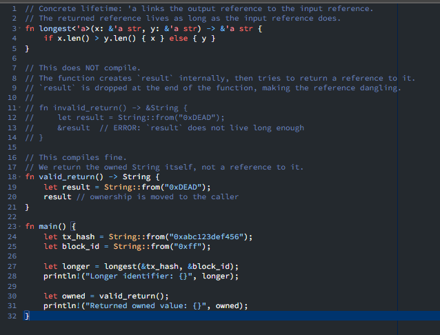 teheelaa's tweet photo. A Rust function can't return a reference to a value it created.  That value drops when the function ends. The compiler catches it before runtime.  No crash. Just a build error.

#RustLang #LearningInPublic #Rust https://t.co/9dVD9tkptm