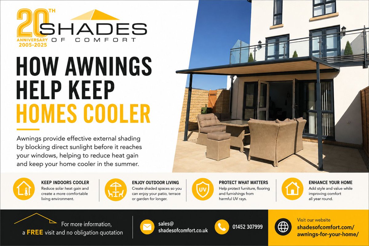 shadesofcomfort's tweet photo. βοΈ Looking for a cooler, more comfortable home this #summer?
A quality #awning can help reduce direct sunlight, create #shade over patios and windows, and transform your #outdoorspace into an area you can enjoy throughout the day!
π 01452 307999
π https://t.co/DfBVFFM2cX https://t.co/5K9P5bzP58