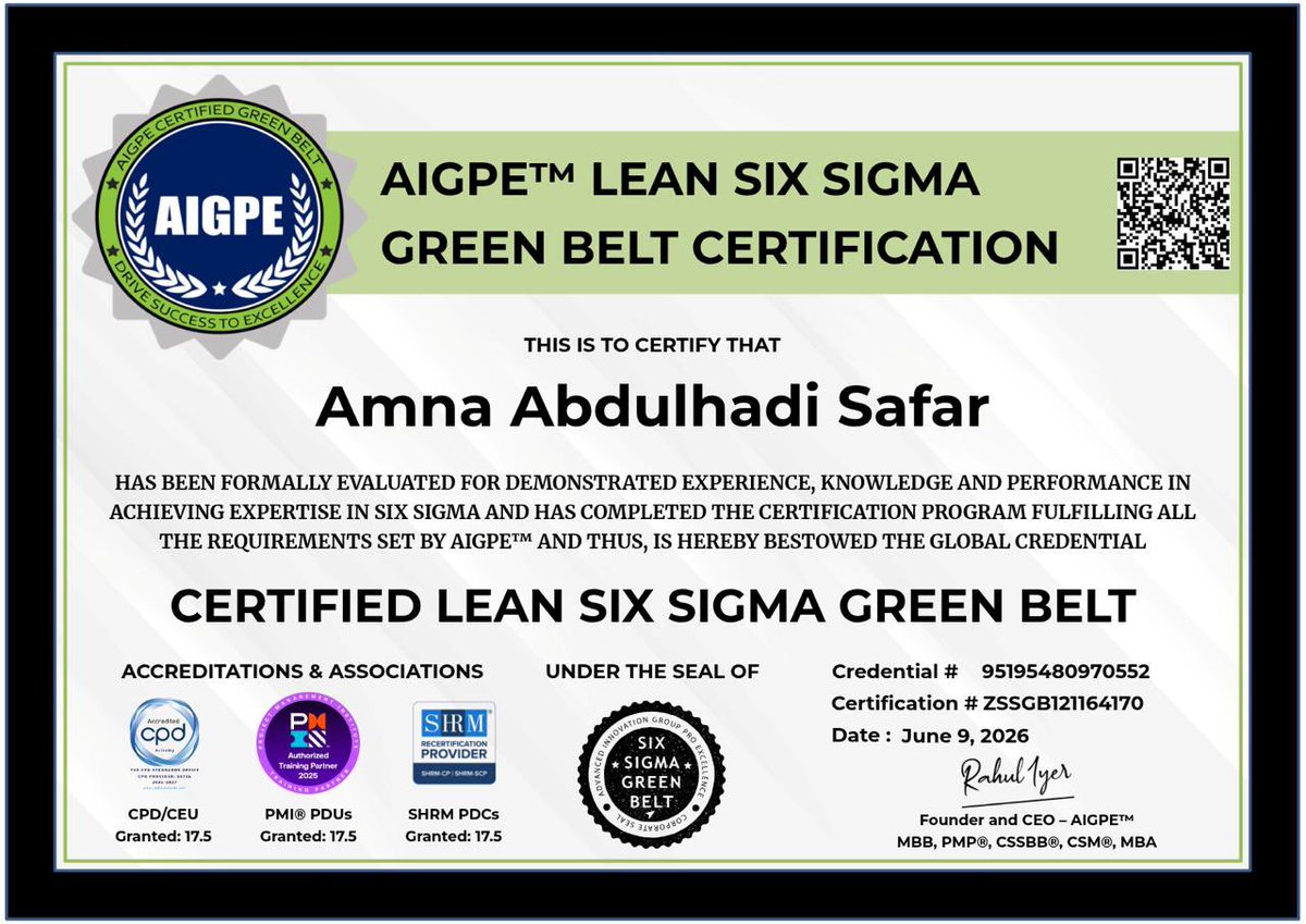 EngSafar's tweet photo. Check out my AIGPE™ Certified Six Sigma Green Belt digital badge issued by Advanced Innovation Group Pro Excellence!
#digitalbadge #digitalcertificate #digitalcredentials #analysisofvariance(anova) #regressionanalysis #stakeholderanalysis #brainstorming #benchmarking #teammanagement #valuestreammapping #projectcharter #measurementsystemsanalysis #failuremodeandeffectsanalysis