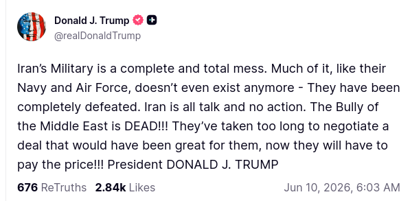 sentdefender's tweet photo. President Donald J. Trump in a post on Truth Social has declared that Iran has "taken too long to negotiate a deal that would've been great for them, now they will pay the price!!!" https://t.co/LDiM9IlKht