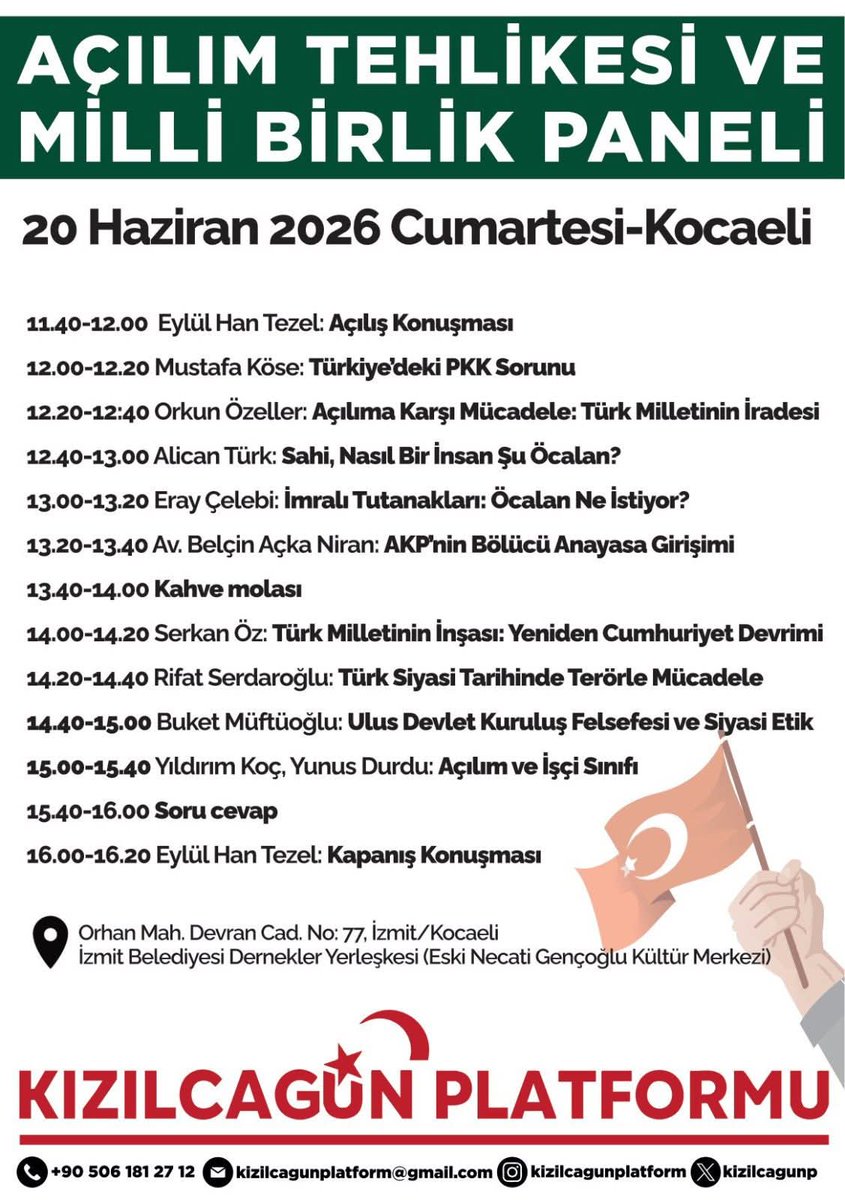 CVPBURSA's tweet photo. "Cumhuriyet ilkelerinde ve Mustafa Kemal'in izinde birleşiyoruz!" 🇹🇷

​Kızılcagün Platformu Milli Birlik Çağrısının yanındayız ve aşağılık bölücü açılım süreçlerine karşı milli şuuru savunmak adına  panelimizi Kocaeli'de gerçekleştiriyoruz.

​Tüm vatanseverleri bekliyoruz.

​📅 20 Haziran Cumartesi

📍 İzmit Belediyesi Dernekler Yerleşkesi

#KızılcagünPlatformu
