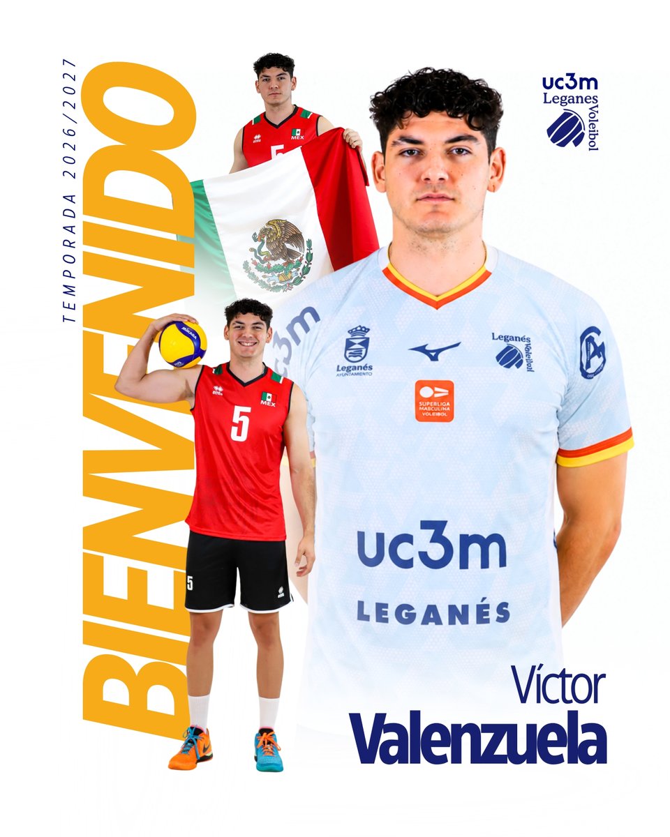 VoleibolLeganes's tweet photo. 🏐🇲🇽 ¡𝗕𝗶𝗲𝗻𝘃𝗲𝗻𝗶𝗱𝗼, 𝗩í𝗰𝘁𝗼𝗿 𝗩𝗮𝗹𝗲𝗻𝘇𝘂𝗲𝗹𝗮!

🔝 206 cm de pura potencia llegan al @uc3m Voleibol Leganés
🇲🇽 Central internacional con México, viene a marcar la diferencia en la Superliga.

¡Bienvenido a tu nueva casa! 🔥

#SuperligaMasculina | #VamosLega 💙🤍 https://t.co/as71GysdQy