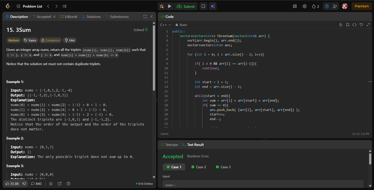 rohhannn01's tweet photo. Day 55 🚀

Solved "3sum" on Leetcode.

A challenging problem that helped me understand the Two pointers approach much better.

Took some time to figure out, but finally got it done ........😺

#day55 #leetcode #dsa #twopointers https://t.co/PsSfKaxz2N