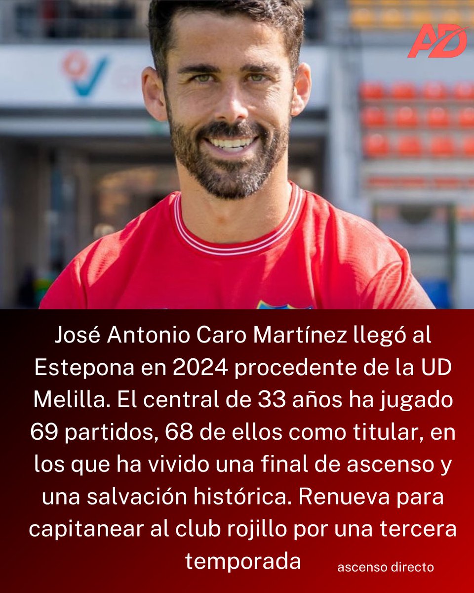 ADirecto_'s tweet photo. OFICIAL 🚨 | JOSÉ CARO RENUEVA UN AÑO MÁS CON EL @CDEstepona ✅

El capitán rojillo continuará una tercera temporada en el Francisco Muñoz Pérez 👏

#segundarfef #cdestepona #renovacion #fichajes https://t.co/fORYIvVzHe