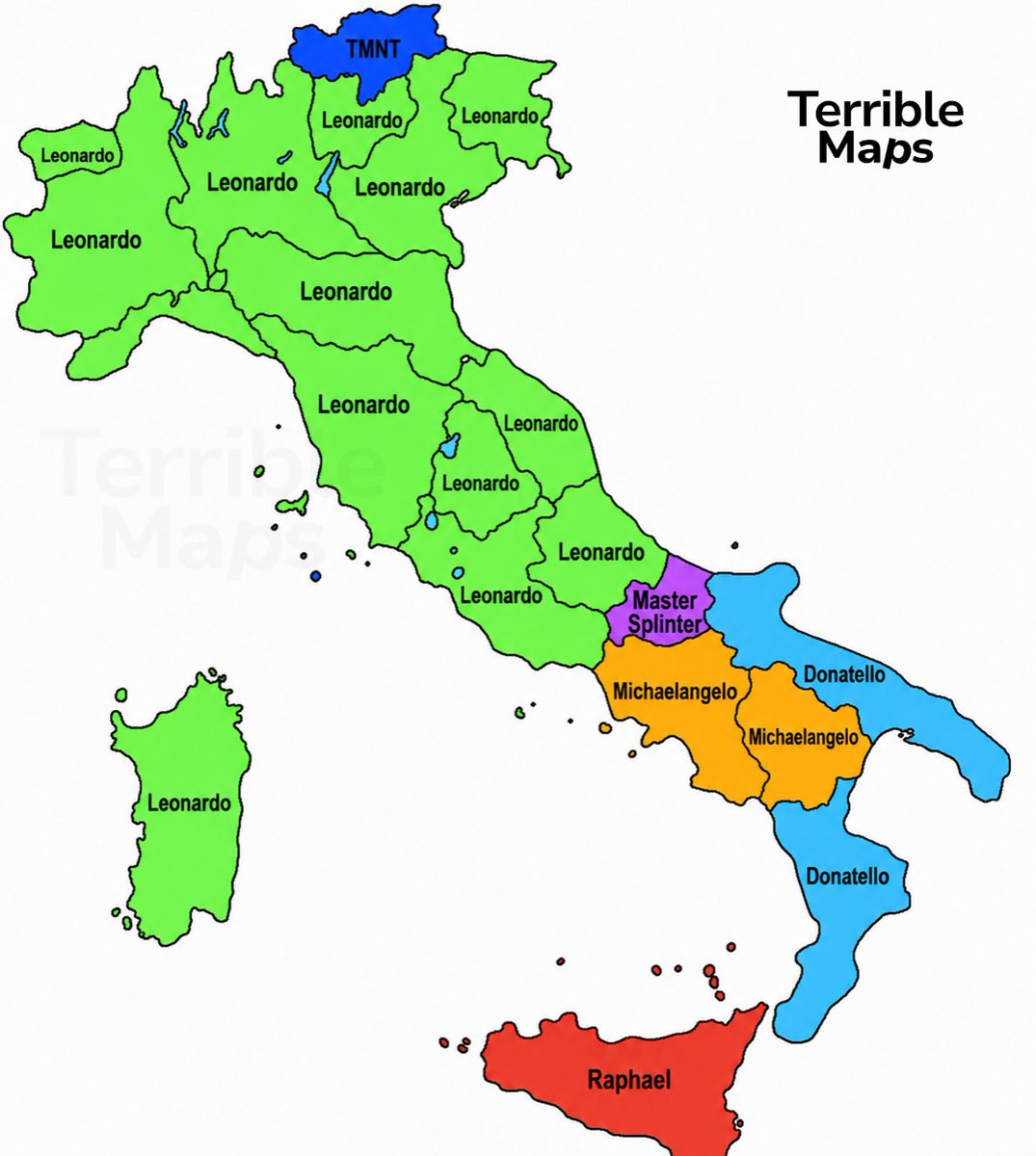 TerribleMaps's tweet photo. The most popular baby boy name in each Italian region (2020) https://t.co/iiQ4hEcUhL