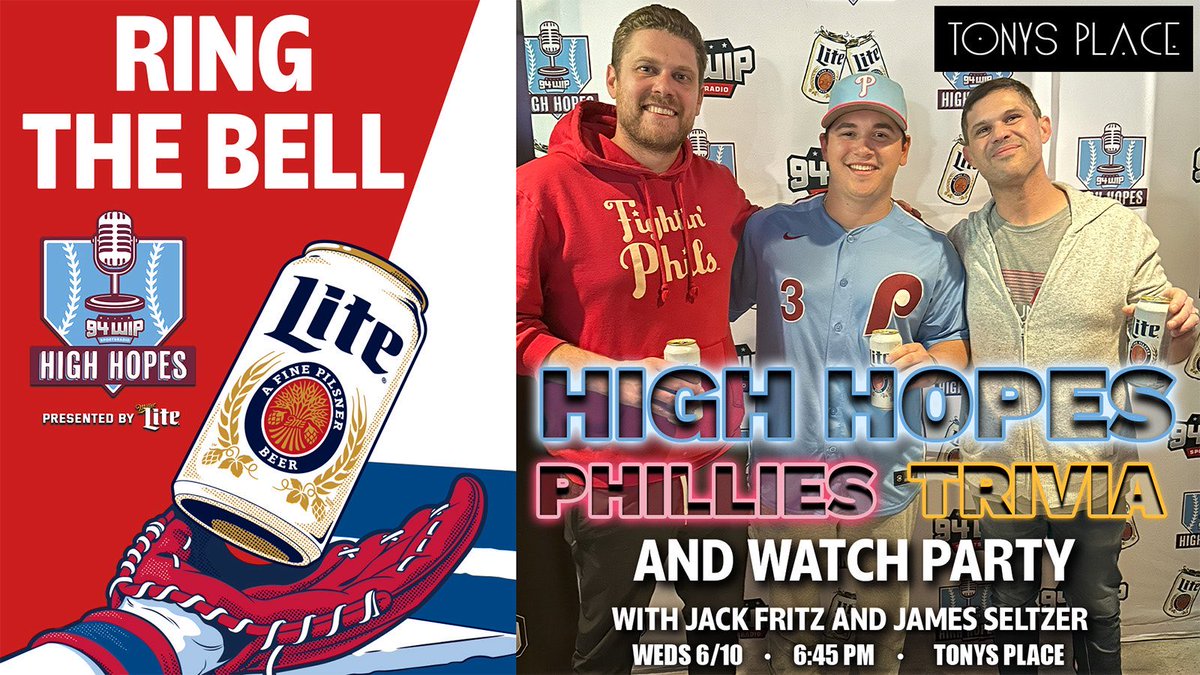 JamesSeltzer's tweet photo. Our first @highhopespod event is TONIGHT at Tony’s Place in Ivyland! 

Come out and watch Phils/Jays, enjoy some Miller Lites and play Phillies trivia for tickets. 

All starts at 6:45! https://t.co/zyjo0JiKNl