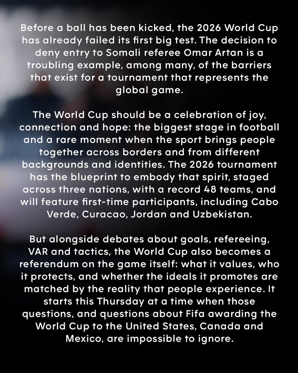 kickitout's tweet photo. 🗣️ "The 2026 World Cup has failed its first test before a ball has been kicked."

Kick It Out CEO Samuel Okafor says that if global communities are unable to travel, participate or simply be visible, then the game has not lived up to its promise.

🔗 Read full story here: https://t.co/k6omo1cFq2