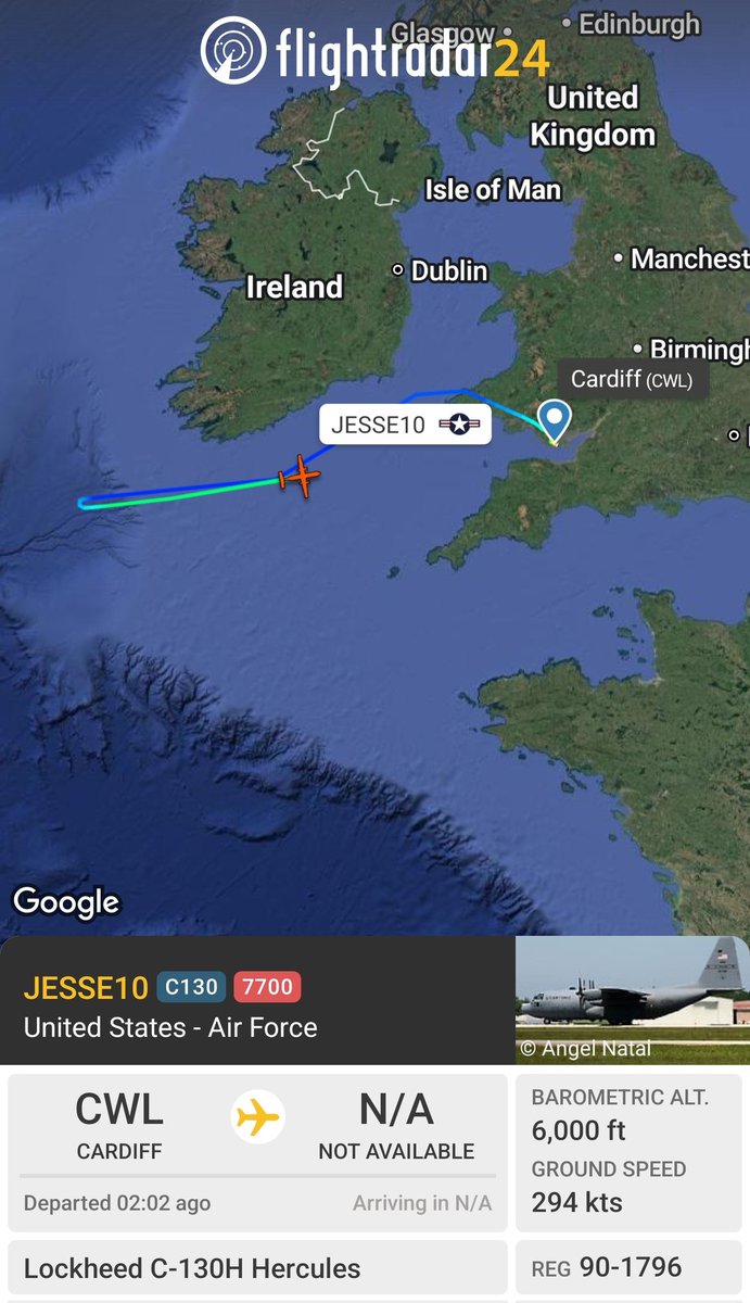 sipjack1776's tweet photo. π¨ SQUAWK 7700
GENERAL EMERGENCY
USAF C-130H Hercules
#ADFE5F/90-1796/JESSE10
Departed Cardiff tracking west and has turned around tracking east towards Cardiff.
@Borrowed7Time @MRAIDANya https://t.co/H2bOt2N6yF