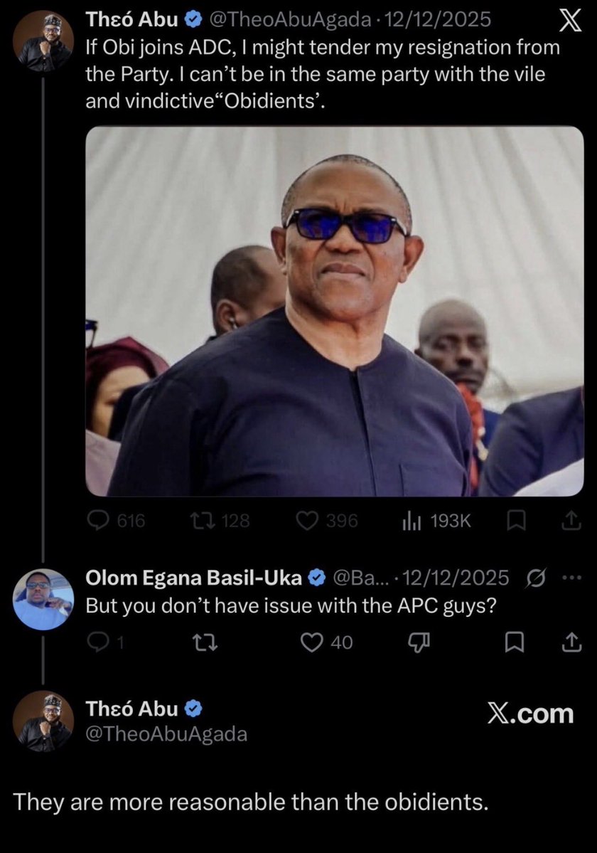 tudobams's tweet photo. So NDC just appointed an avowed hater of Peter Obi and Obidients as communications director. Someone whose entire public profile is spewing hate towards Peter Obi and the Obidient movement. 

Choosing such a polarizing figure definitely sends a clear message to the Obidient movement. NDC cannot claim they really are ignorant of this guy’s very public hate for the very head of its ticket and the movement he brings with him to the party. 

My conclusion is simple; this appointment isn’t just tone-deaf, it actually begs the question whether NDC is ready to build bridges, expand the party’s reach and ultimately win come January 2027.