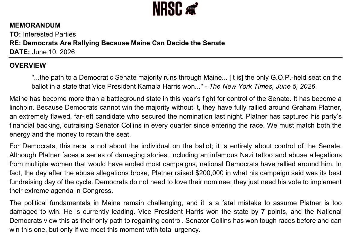 AlexisMcAdamsTV's tweet photo. NEW: The @NRSC is warning Republicans not to underestimate Graham Platner.

A new memo calls it a “fatal mistake” to assume he’s too damaged to win the Maine the Senate race

Urging “total urgency” to defend Susan Collins. https://t.co/ZAYa37UEex