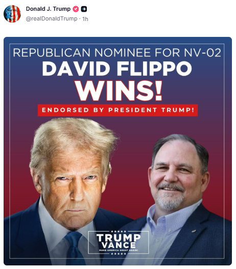 GuntherEagleman's tweet photo. Congrats to @DavidFlippoNV on winning the GOP primary in NV-02!

Trump endorsed! https://t.co/R9bPmW9GVS