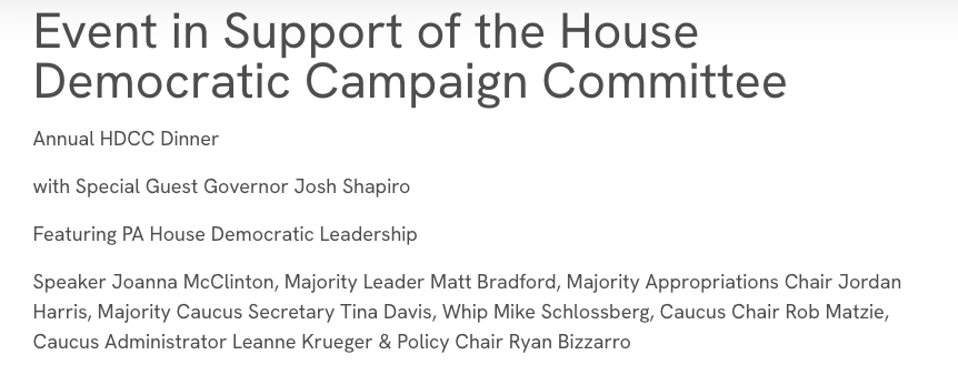 StephenJ_Caruso's tweet photo. In case you were curious -- legislators have held 39 fundraisers in Harrisburg over the last two weeks amid early budget jockeying. Among the largest was last night's w/ Gov. Josh Shapiro and House Democratic leadership at a restaurant commonly frequented by the political class. https://t.co/d7pYBOZTM5