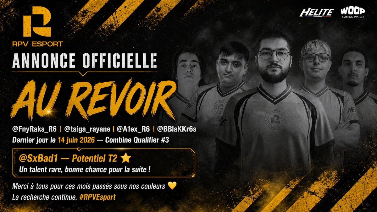 EsportRPV's tweet photo. 📢 Annonce officielle pour l'équipe R6s

Après quelques mois passés ensemble, @FnyRaks_R6 @taiga_rayane @A1ex_R6 @BBlaKKr6s vivront leur dernier jour le 14 juin 2026 après les combine💛
Une opportunité pour eux de continuer à progresser

@SxBad1 est un joueur au potentiel énorme
il nous quitte pour ouvrir ses portes à une place dans le T2 ! 
Nous avons rarement vue de joueur aussi talentueux que lui, n'hésitez plus !

Nous leur souhaitons le meilleur pour la suite 
et nous aurons l'occasion de les voir une dernière fois sous nos couleurs ce week-end lors des Combine Qualifier #3

De notre côté, la recherche continue pour les prochaines compétitions et nous souhaitons continuer à développer une équipe💪#RPVEsport